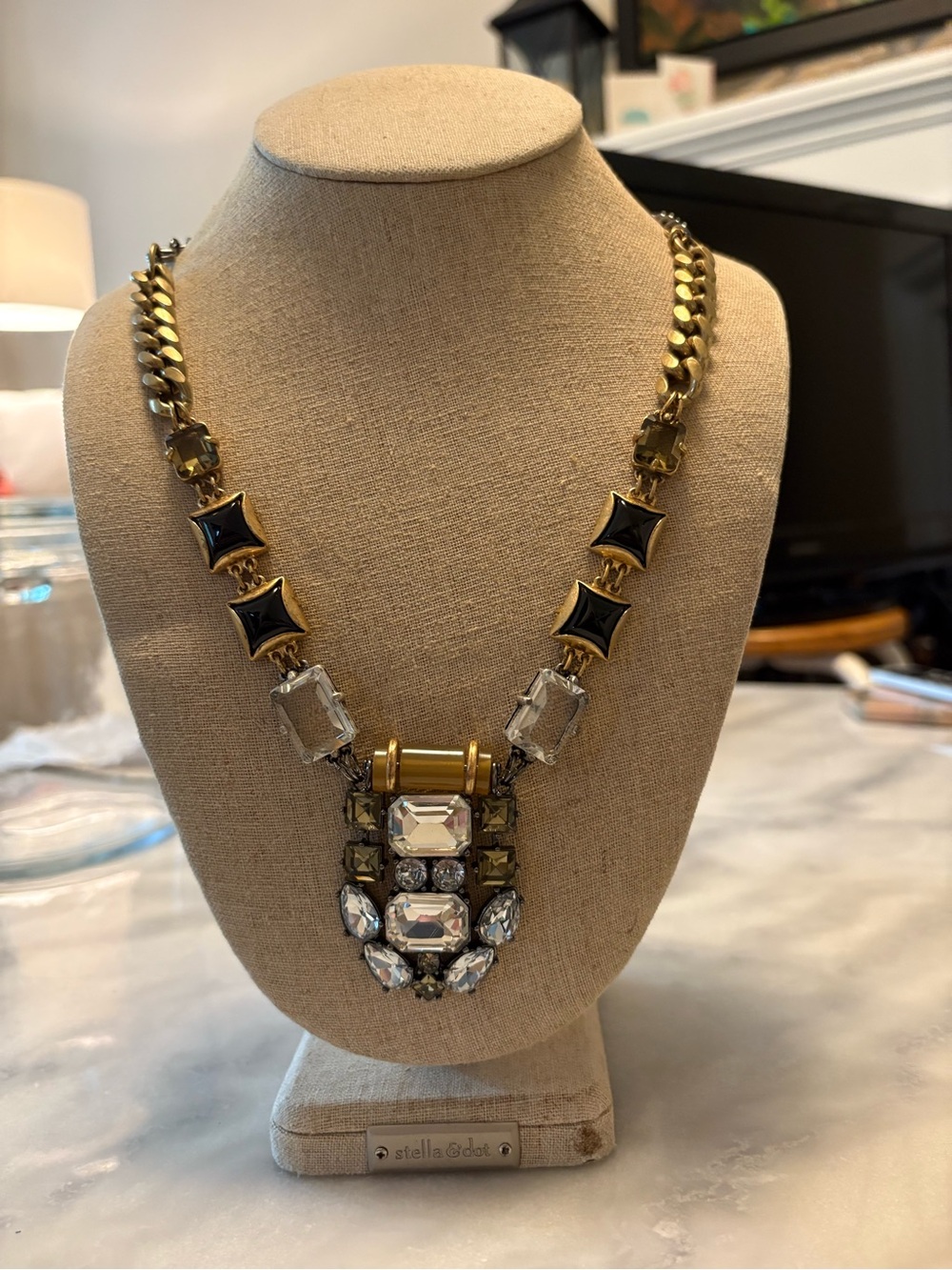 Stella & Dot Gold-Tone Necklace with Black Enamel and Clear Crystals